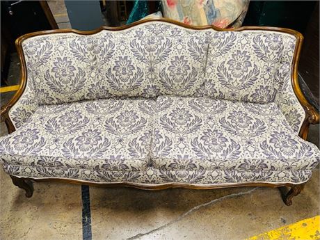 1930's French Sofa Detailed Mahogany Carved Frame and Flower Pront Fabric Pristi