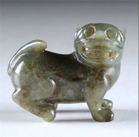 Antique Chinese Celadon and Brown Jade Netske Foo Dog Amulet