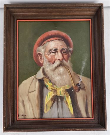 Signed Vintage Portrait Of Elderly Man Smoking A Pipe