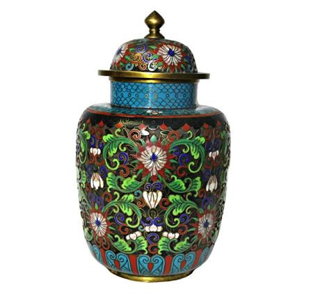 Antique Chinese Cloisonne Champleve Vase with Lid Signed