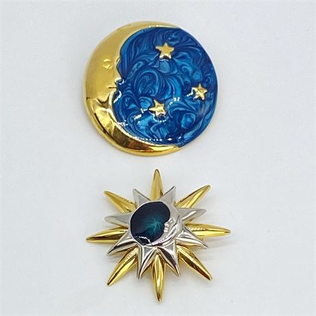 Two Signed Sun, Moon and Stars Enameled Brooches