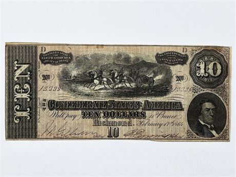 1864 Confederate $10 Ten Dollar Note CSA Currency