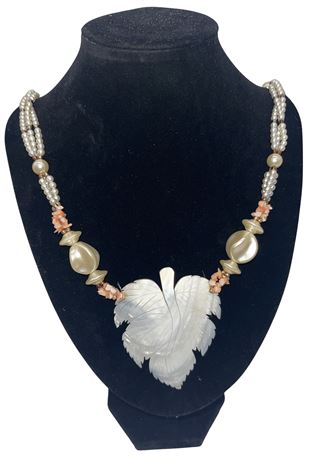 Vintage Carved Mother Of Pearl Leaf Pendant Shell Necklace