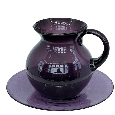 Amethyst Colored Glass Pitcher & Dish