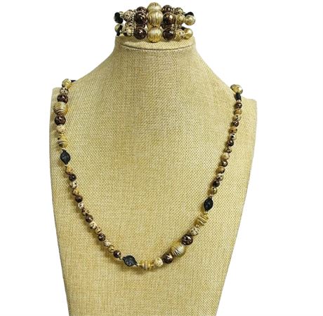 Gold Tone Splatter Bead Necklace and Bracelet Set