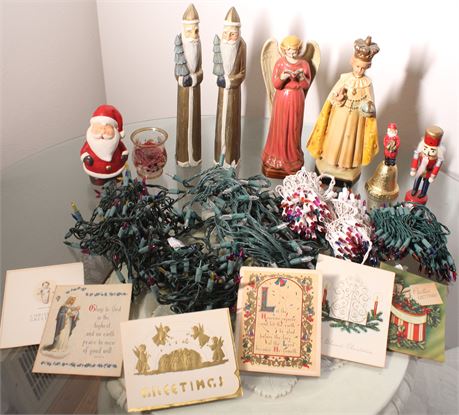 Holiday/Religious Figurines, Christmas Lights, and Vintage Greeting Cards