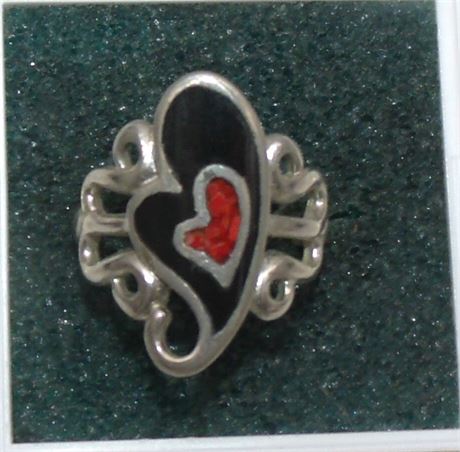 Sterling onyx coral heart ring