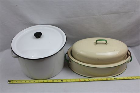 Vintage Columbian Enamelware Roaster Pan and Enamelware Pot