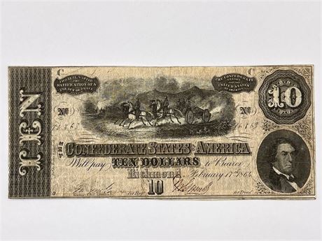 1864 Confederate States Ten Dollar Note Civil War Currency