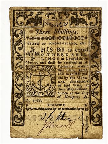 1786 Colonial Rhode Island Three Shillings Note