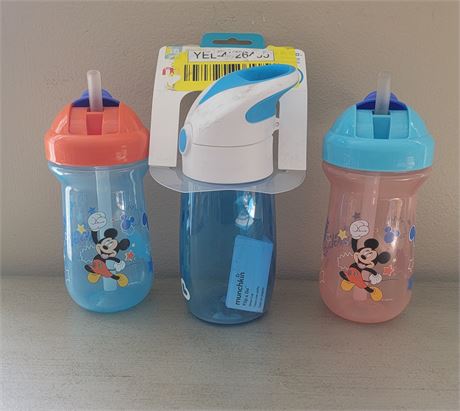 (2) Mickey Mouse Disney sipper cups and (1)Munchkin sipper cup