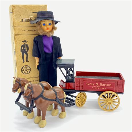Vintage ERTL Die-Cast Horse & Wagon Delivery + Sleepy Eyed Amish Doll