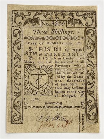 1786 Rhode Island 3 Shillings Colonial Note Currency