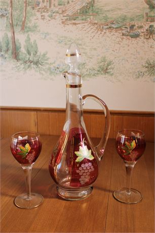Vintage Clear and Red, Gold Trim, Grape, Leaf and Vine Design Decanter with Stop