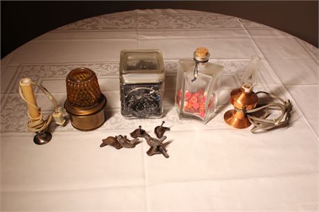 Antique Bird Drawer Pulls, Candle Lamps, and Glass Jars with Buttons