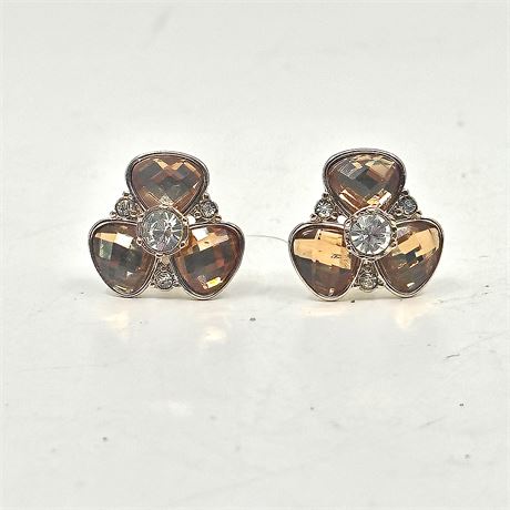Amber Stone and Rhinestone Clip-On Earrings