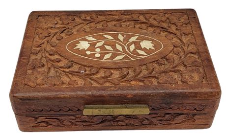 Hand Carved Wooden Jewelry Trinket Box W/Brass