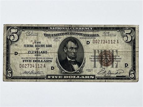 Federal Reserve Bank of Cleveland 1929 $5 Five Dollar National Currency Note