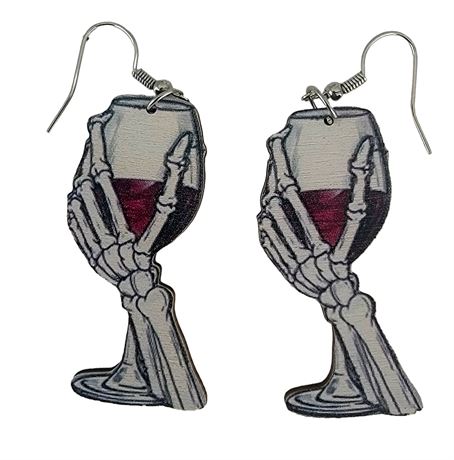 Cryptic Skeleton Hands holding a wine glass pendant earrings