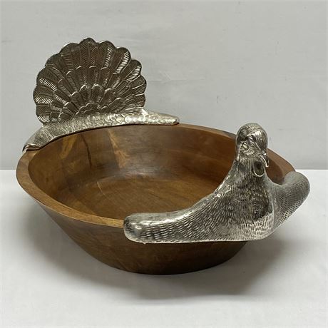 New - Extra-Large Hand Crafted Wood and Metal Turkey Serving or Display Bowl