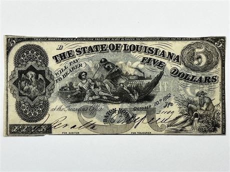 1862 State of Louisiana $5 Five Dollar Note Obsolete Currency
