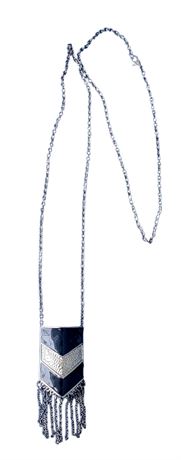 Pretty long black bead fringed pendant necklace