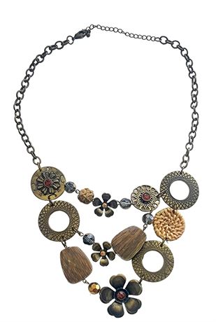 Eclectic mixed media shape metal bib necklace