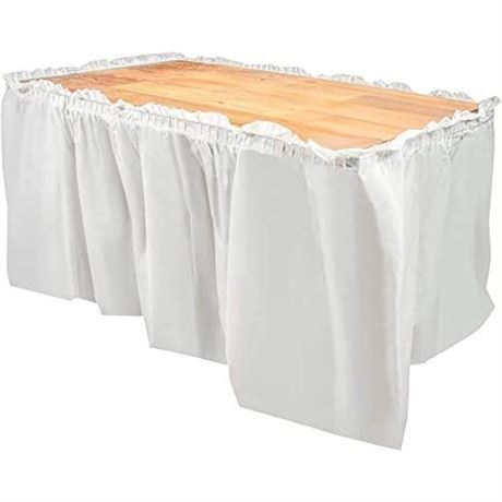 Lot of (4) New White Plastic Deluxe tableskirts 29” X 14’ -(Stretches to 25')
