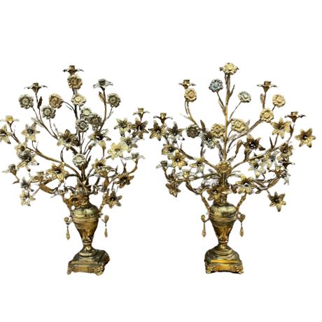 Paul Hansen Couture, Large Brass Floral Candelabras, Pair