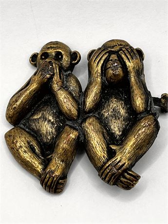 Two Monkeys See No Evil Brass Brooch Pin