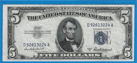 1953  Five Dollar Silver Certificate Blue Seal Note $5 Bill High Grade