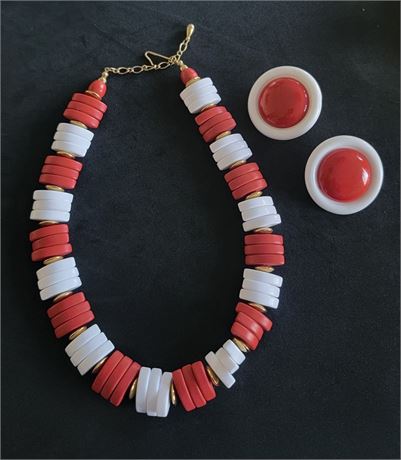 Chunky red and white necklace with matching earrings