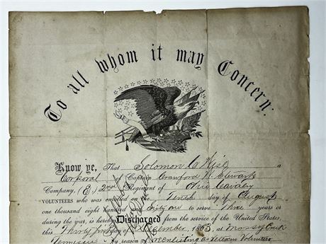 Very Rare US Army 1863 Civil War Discharge Letter for Ohio Soldier