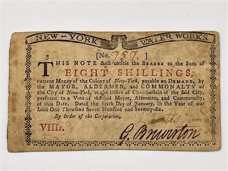 City of New York 1776 Eight Shillings Colonial Note Currency