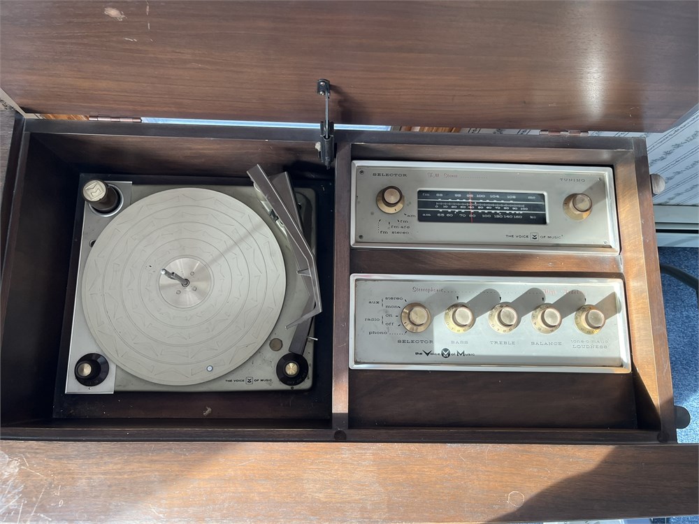 Bid On Everything - Mid-Century Voice of Music VCM AM/FM Stereo and Cabinet