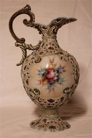 Antique Moriage Ewer Pitcher Vase Floral Ornate Porcelain Hand-Painted