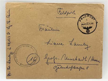 WW2 1944 German Letter Feldpost Envelope with handwritten note
