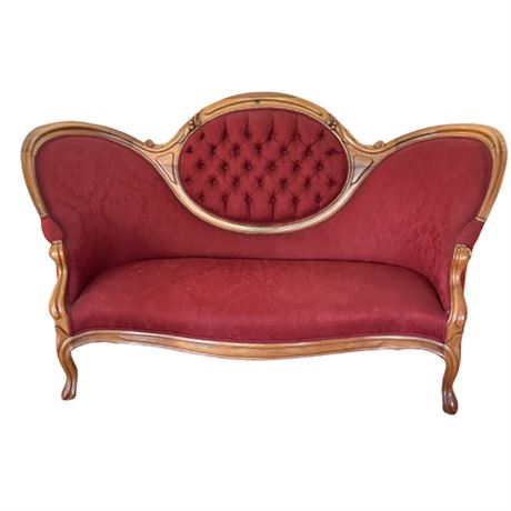 Carved Victorian Style Red Velvet Sofa