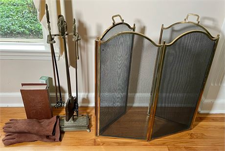 Brass Pineapple Finial Fireplace Tool Set and Fireplace Screen
