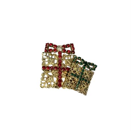 Red and Green Rhinestone Gift Brooch