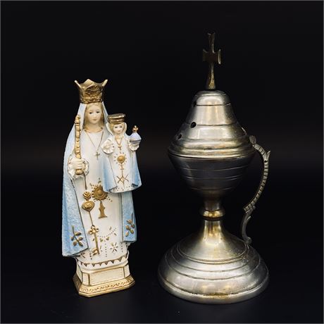 Vintage Orthodox Christian Hand Censer & Our Lady of Consolation Figurine