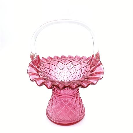 Vintage Pink Art Glass Basket with Applied Handle