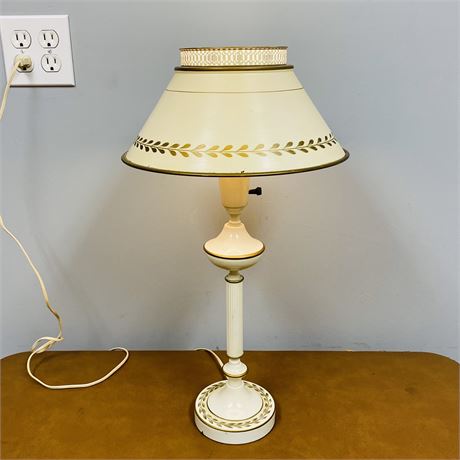 Cream and Gold Painted Toleware Lamp w/ Milk Glass Torchiere Shade