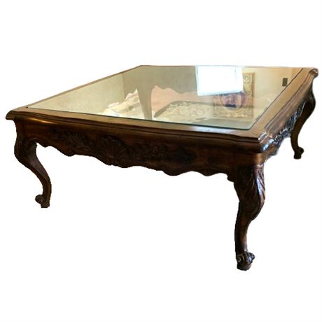 Traditional Carved Wood, Glass Top Cocktail Table