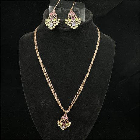 Premier Designs Copper-Toned Colorful Gem Necklace & Matching Earrings