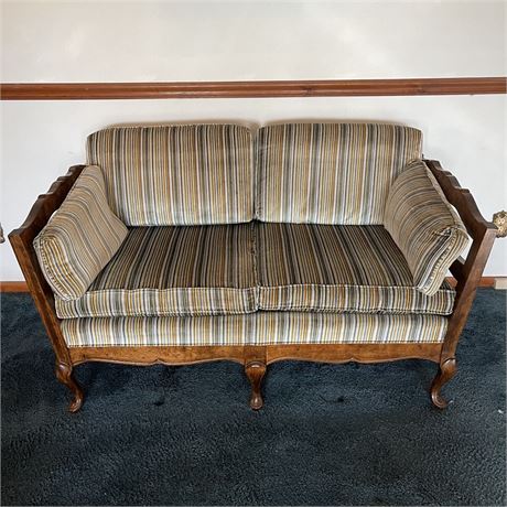 Vintage Wood Framed Loveseat with Striped Upholstery