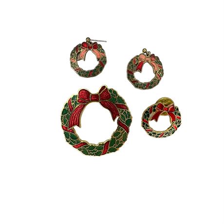 Enamel Wreath Brooch and Earrings