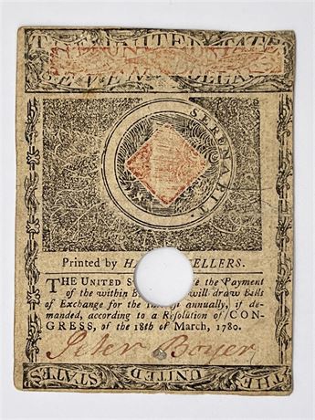 1780 Massachusetts 7 Dollar Colonial Note Currency