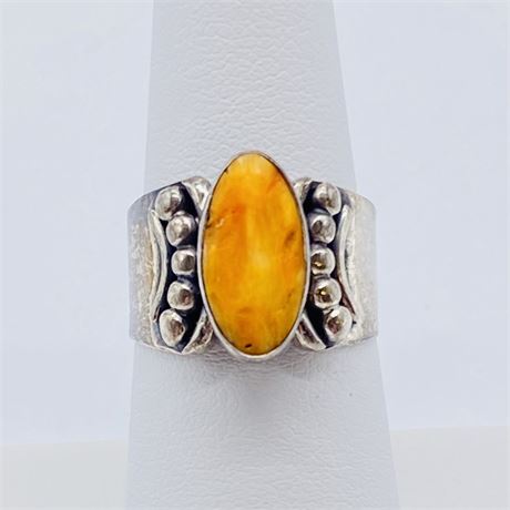 Raw Orange Opal Gemstone Sterling Silver Wide Band Ring - Size 7
