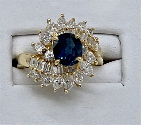 Ladies 14K Yellow Gold Diamond and Blue Sapphire Fancy Ring